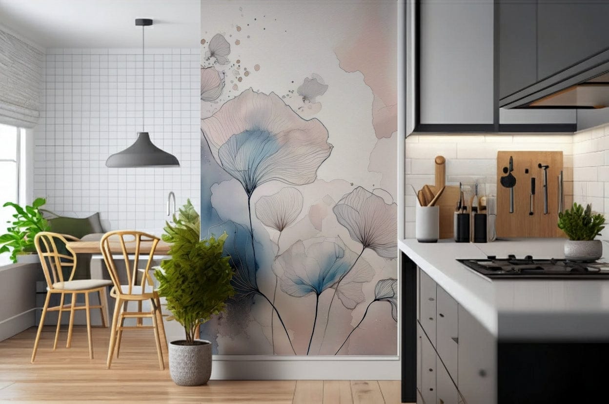 Delicate Floralscape wallpaper mural on a divider wall in a grey kitchen diner with wooden bistro chairs