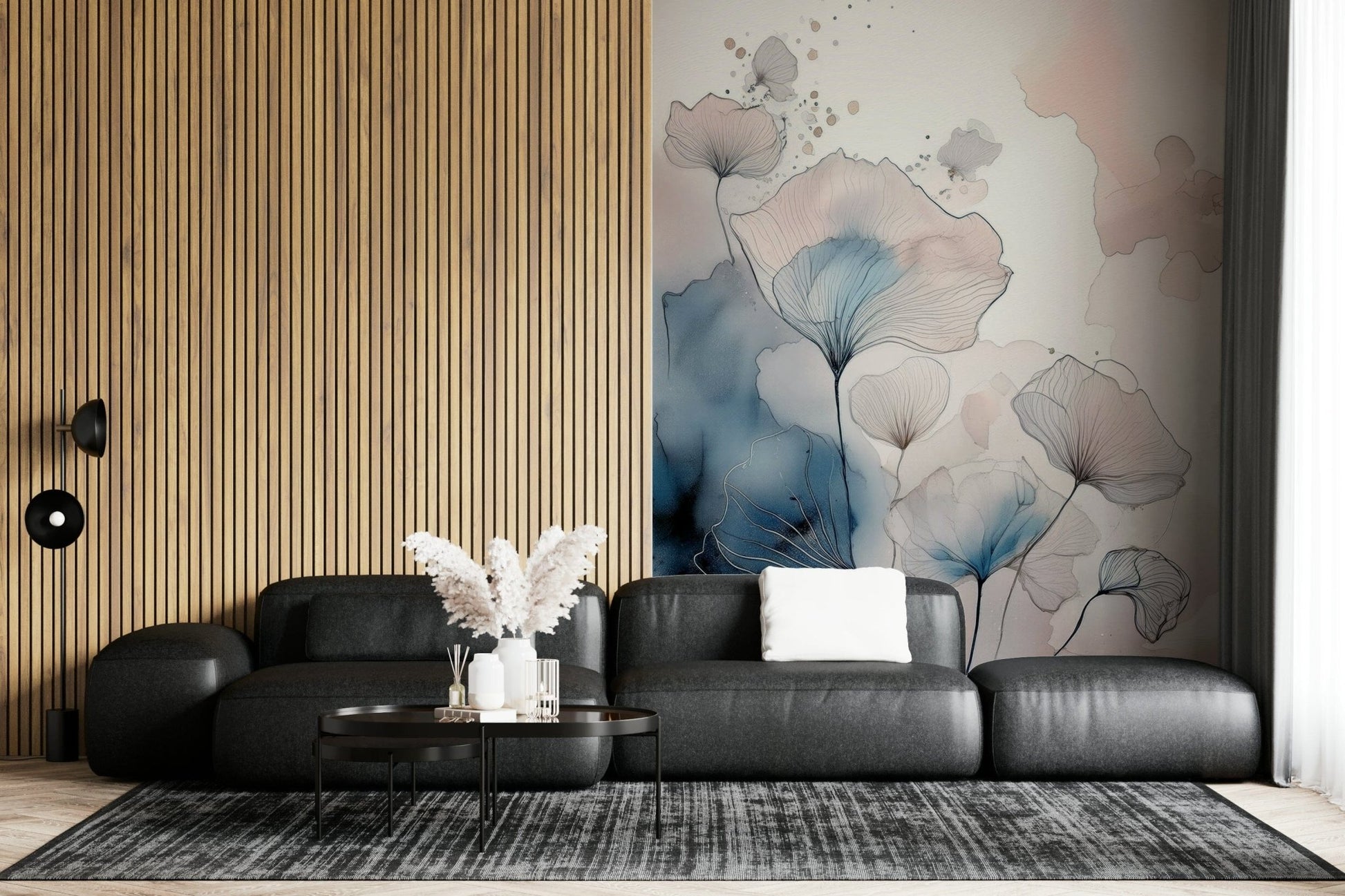 Delicate Floralscape wallpaper mural behind a charcoal modular sofa beside a wood-slat feature wall