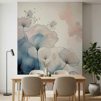 Delicate Floralscape wallpaper mural in blue and blush watercolour petals behind a wooden dining table