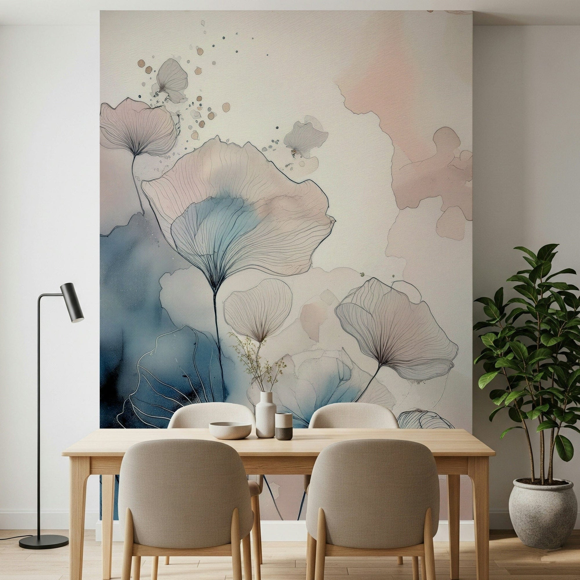Delicate Floralscape wallpaper mural in blue and blush watercolour petals behind a wooden dining table