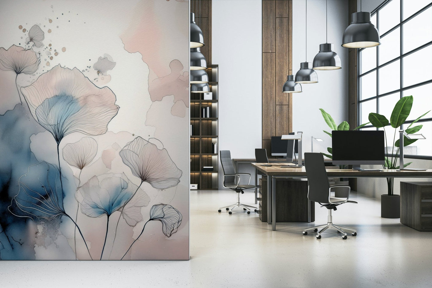 Delicate Floralscape wallpaper mural on a divider wall in an open office with desks and industrial pendants