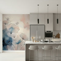 Delicate Floralscape wallpaper mural in a grey kitchen with marble island, bar stools and black pendant lights