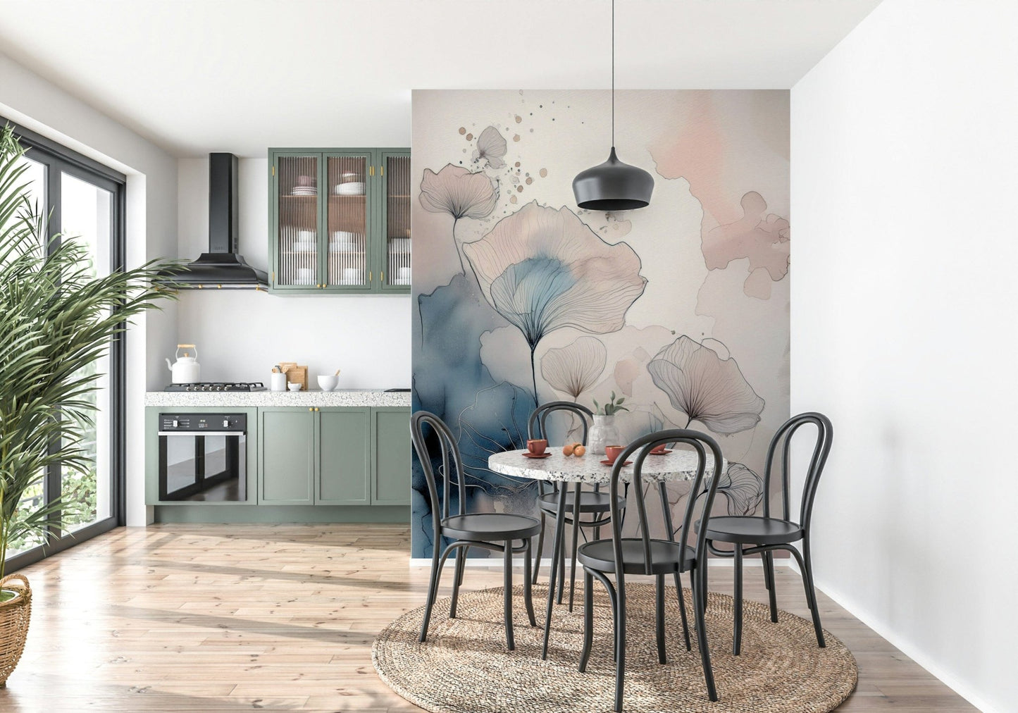 Delicate Floralscape wallpaper mural behind a terrazzo dining table and black bentwood chairs by sage cabinets