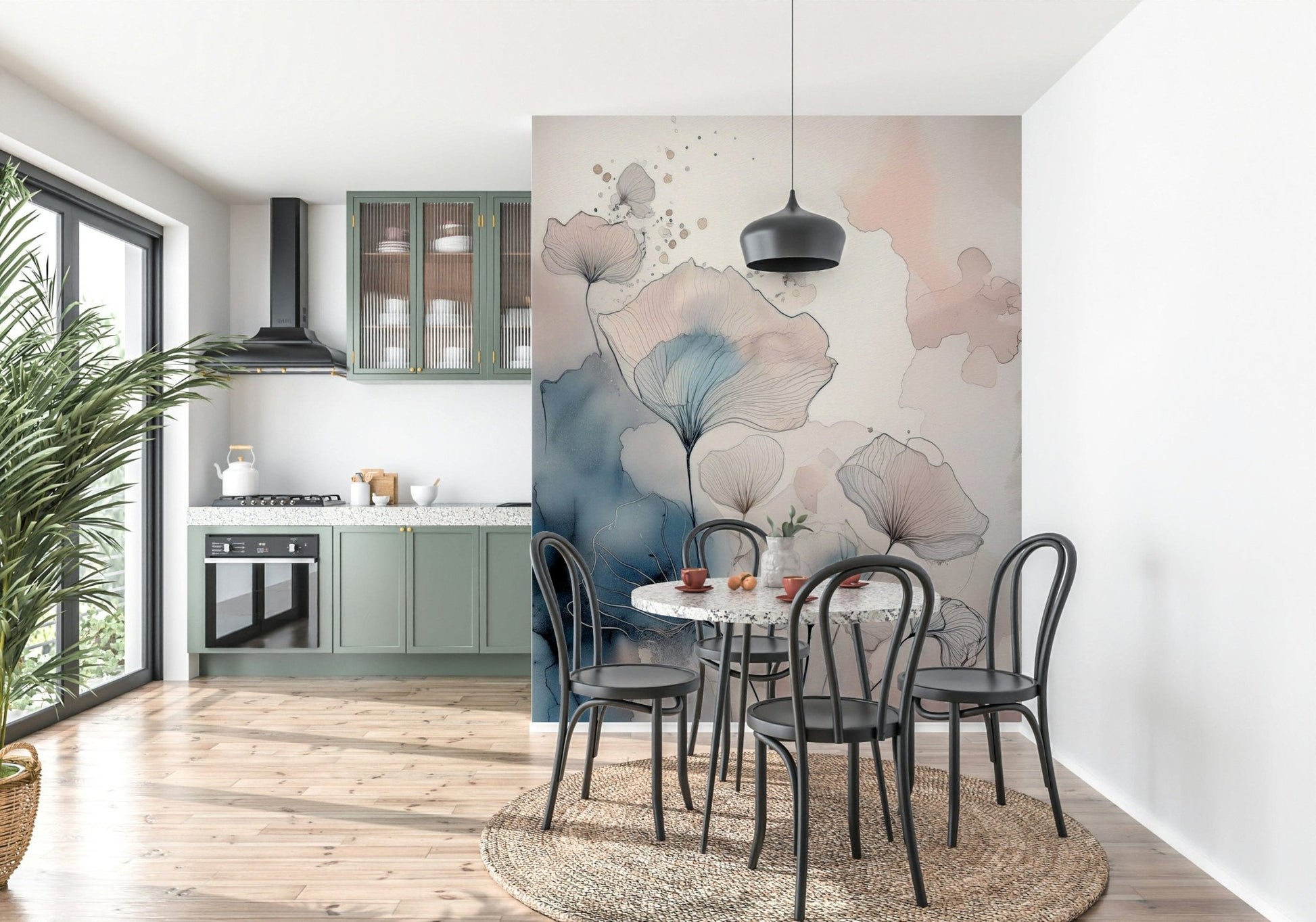 Delicate Floralscape wallpaper mural behind a terrazzo dining table and black bentwood chairs by sage cabinets