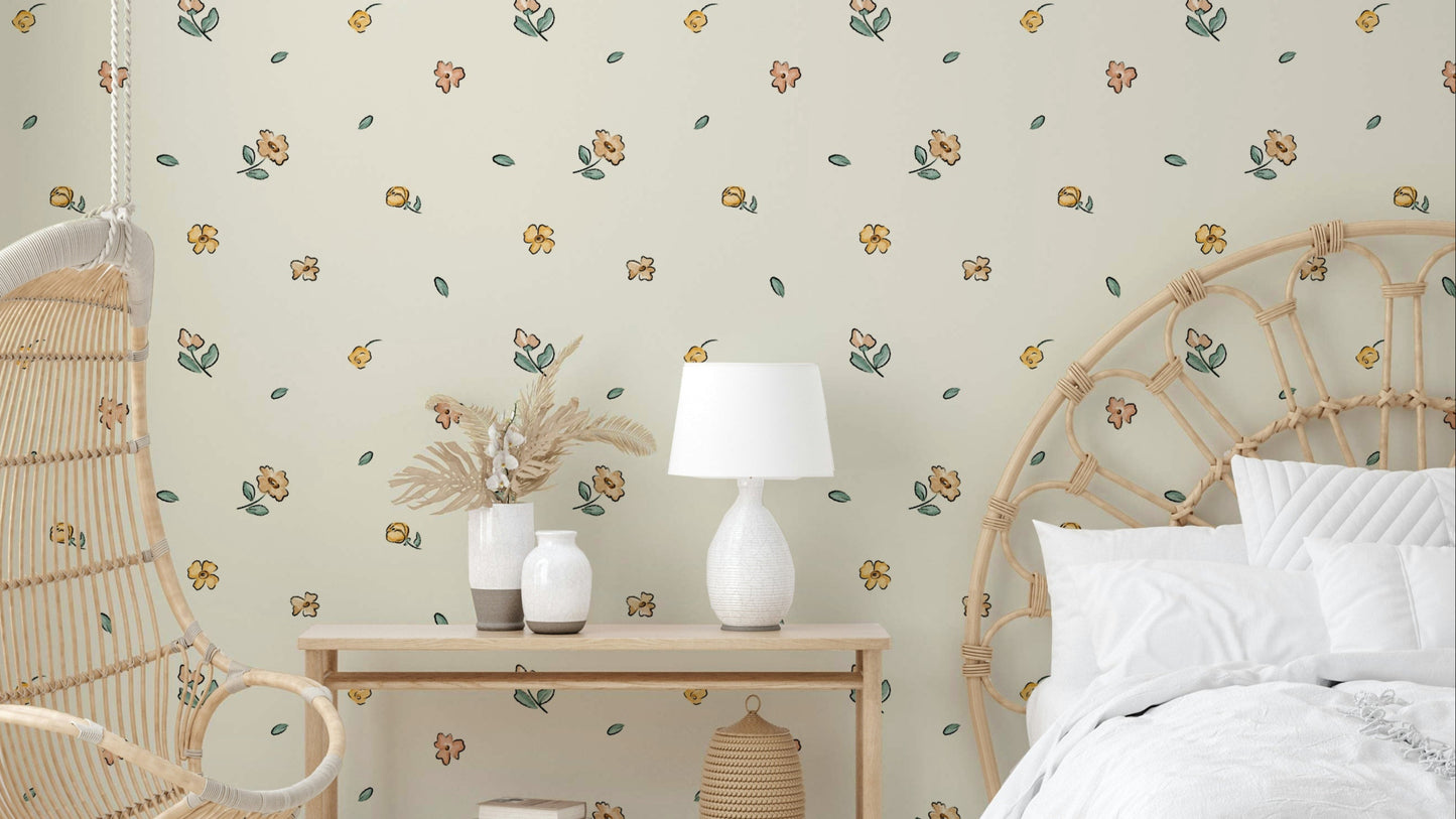 Delicate watercolor floral wallpaper in soft hues

