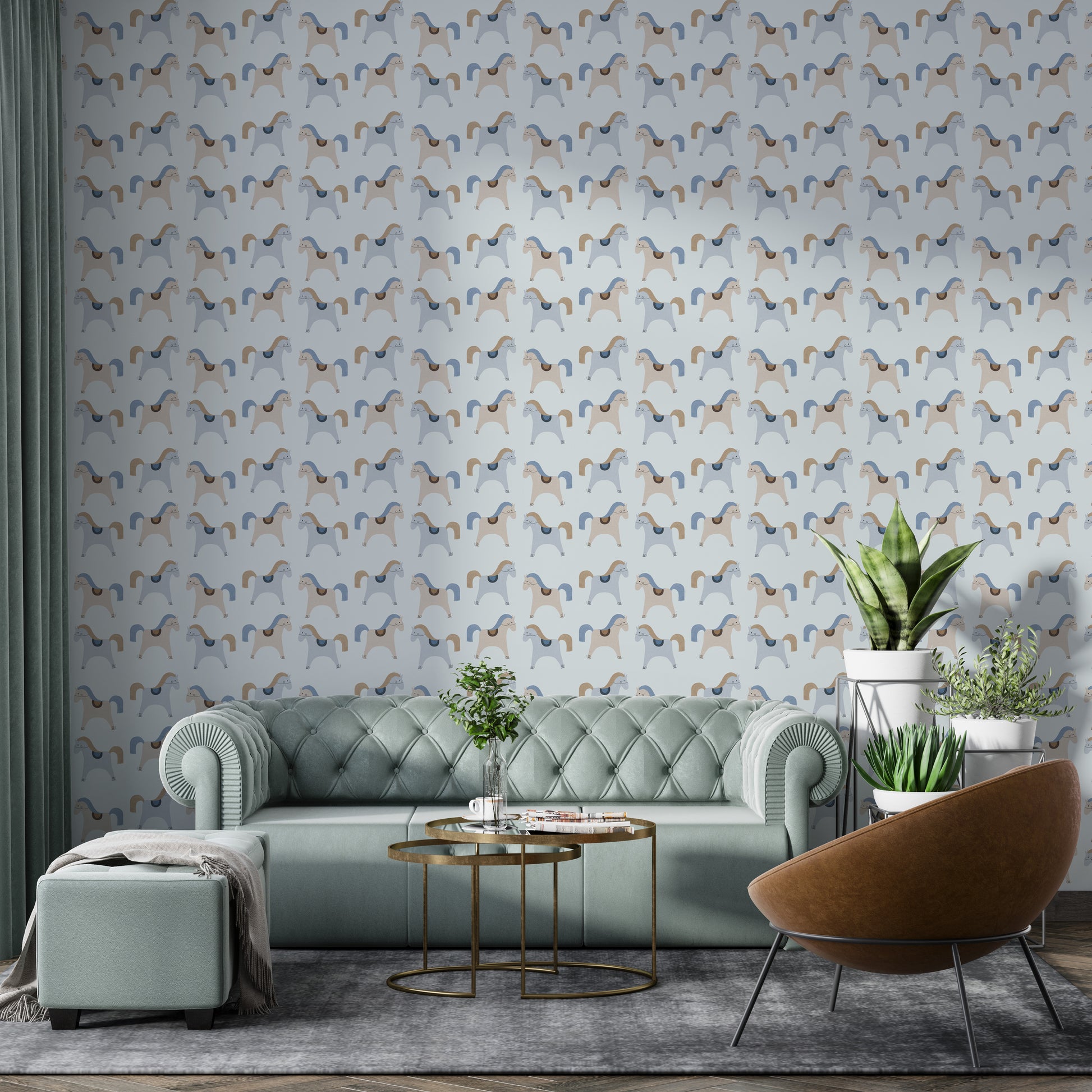 Carousel-themed wall mural with soft, playful tones


