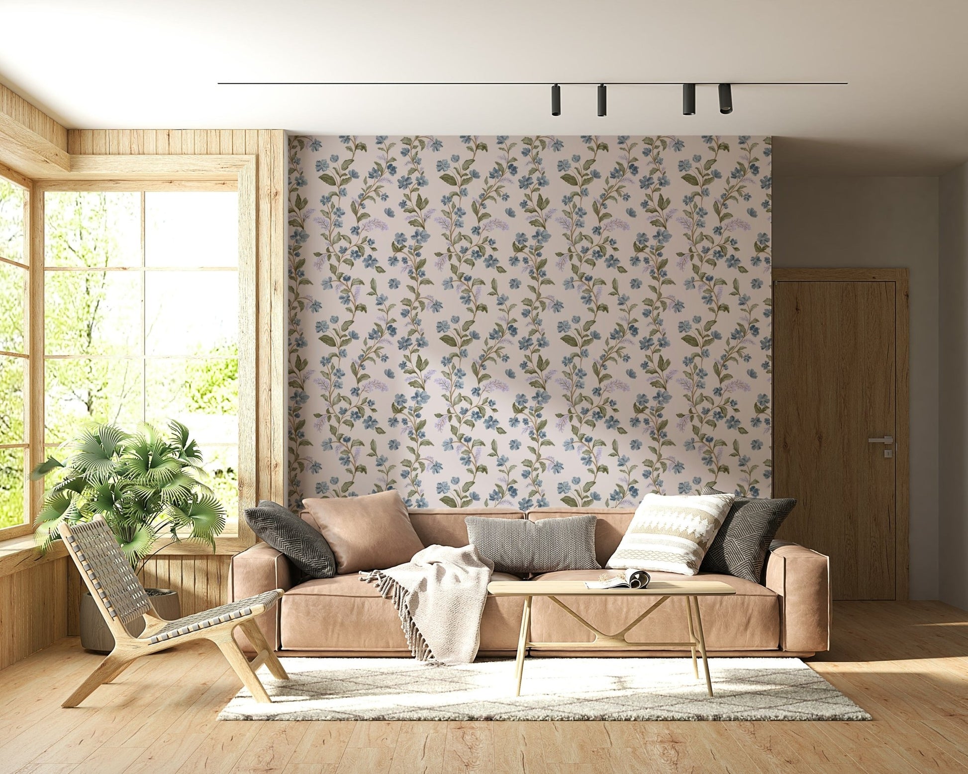 Symmetrical vertical repeat of Denim Dreams Floral mural.