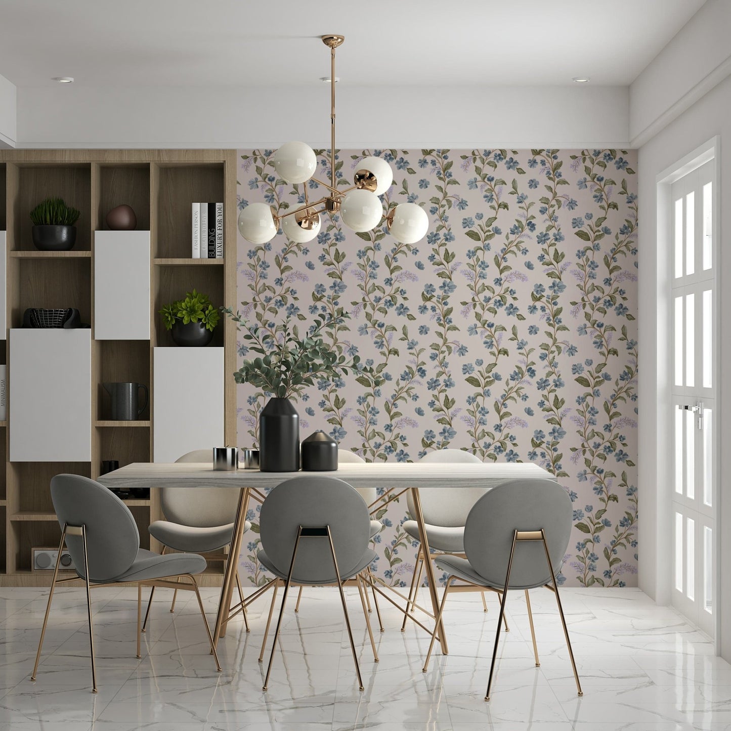 Moody olive leaves contrast Denim Dreams Floral pink background.
