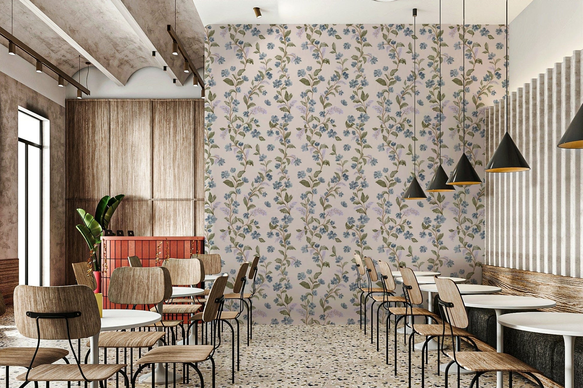 Monochrome pink hues for Denim Dreams Floral unique wallpaper.