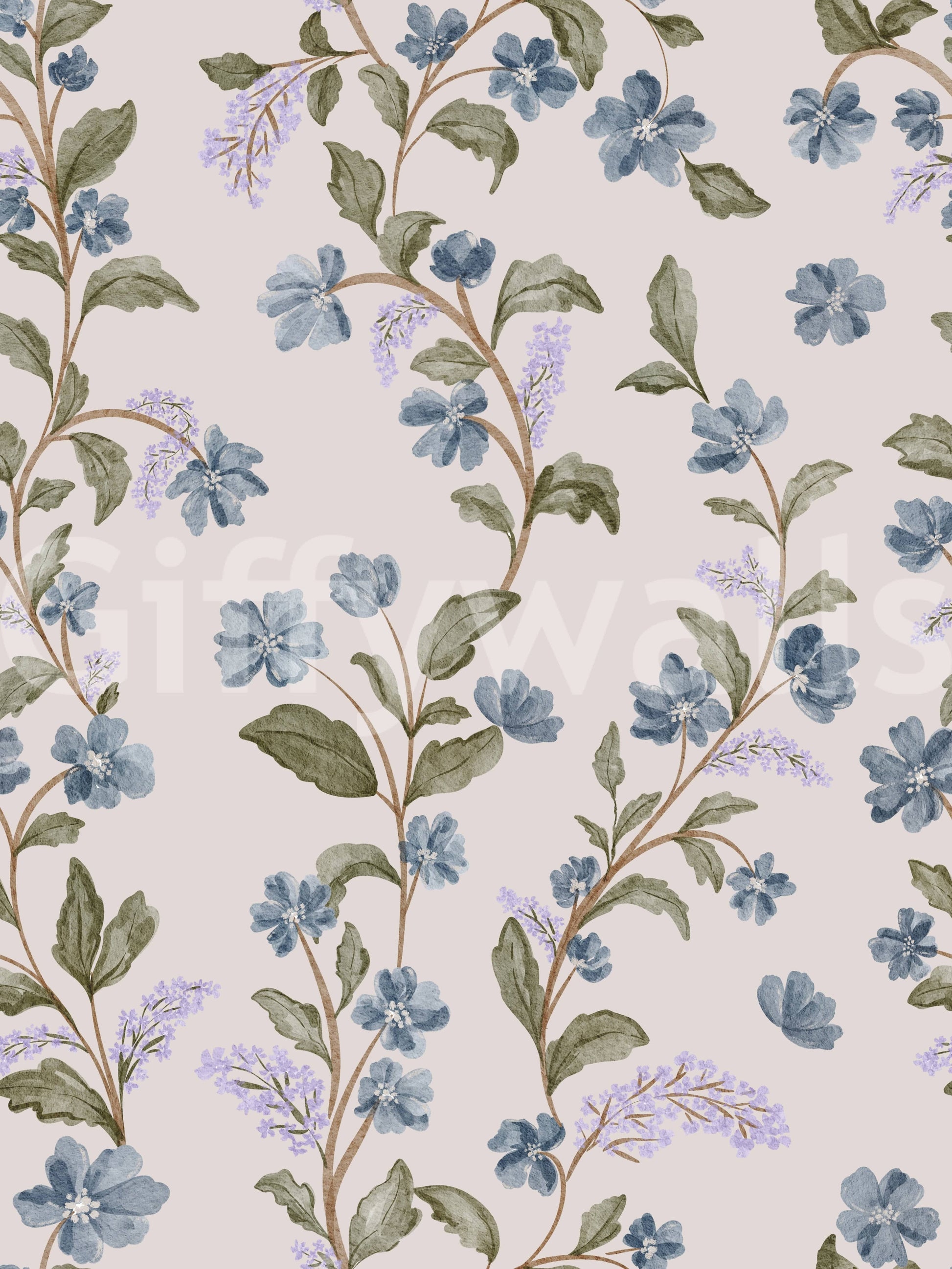 Artistic delicate blossoms on Denim Dreams Floral wallpaper.