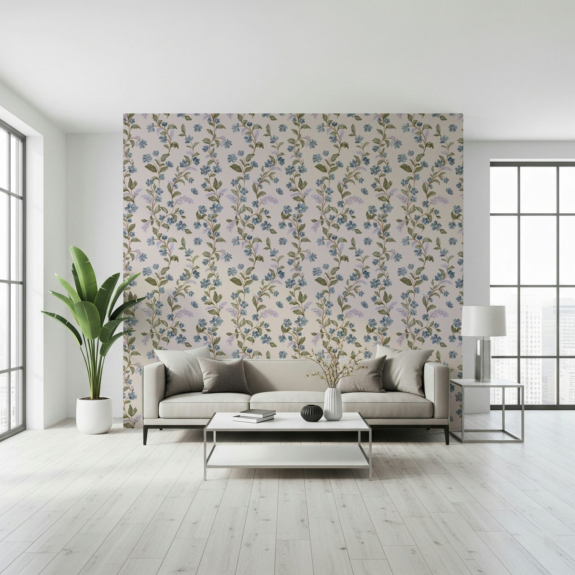 Shadowy painted flowers featured in Denim Dreams Floral scenic print.