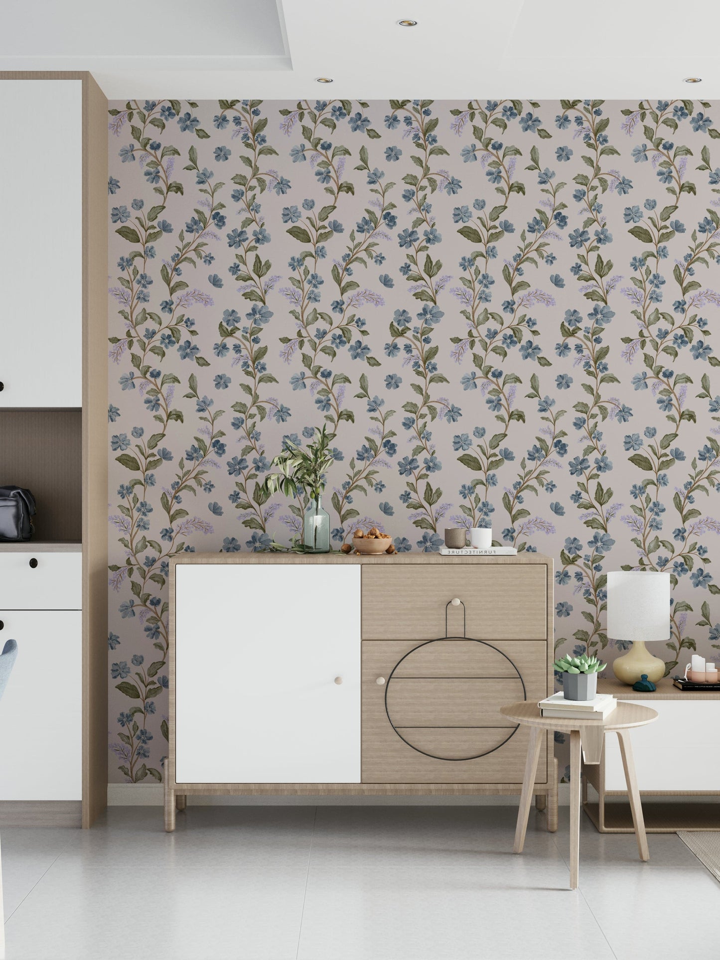 Winding botanical stalks define Denim Dreams Floral for walls.