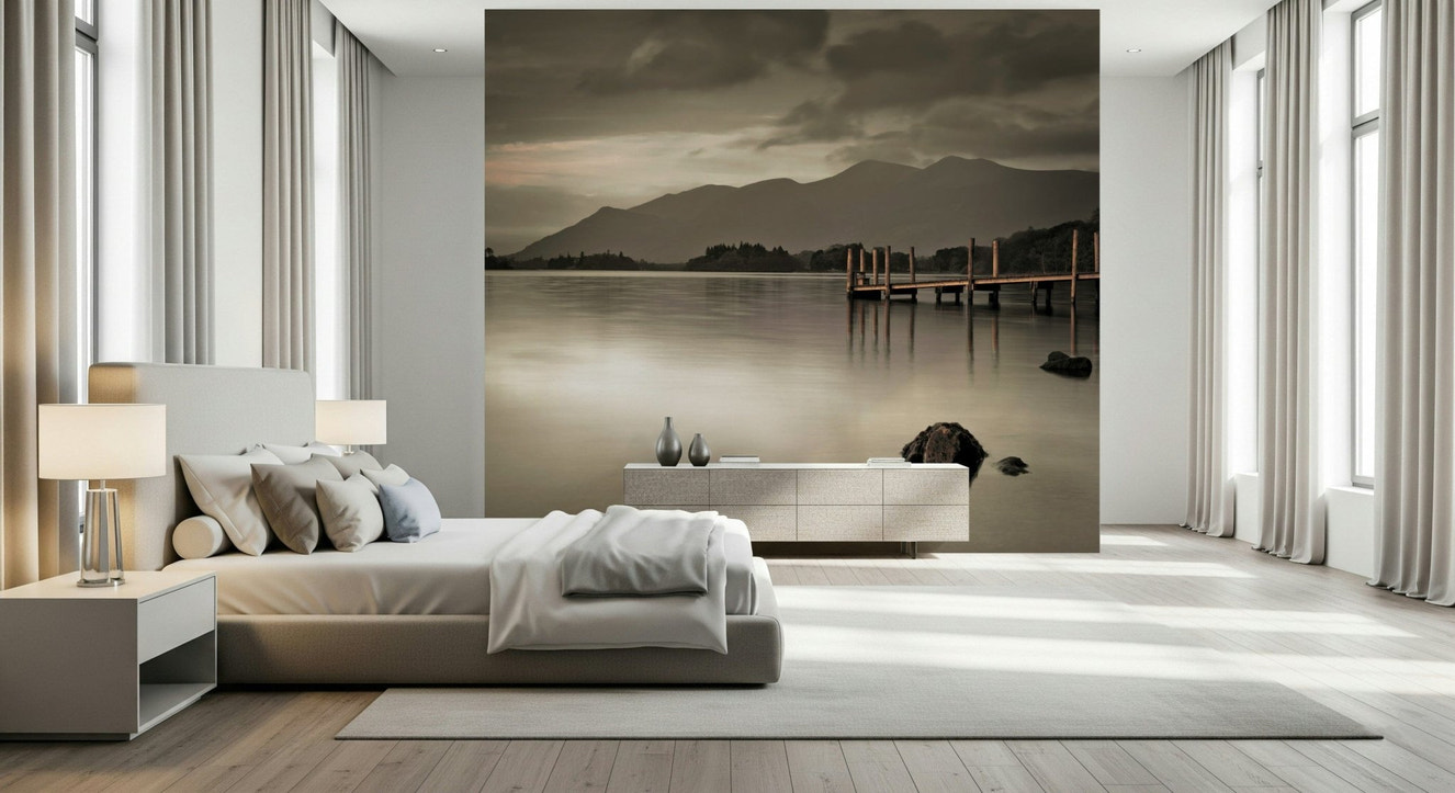 Derwentwater’s Calm Wall Mural in modern living room, soft blue-green color lake scene wall decor