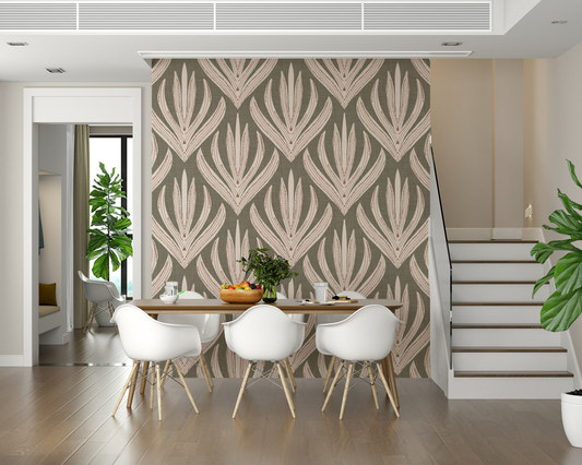 Artistic wallpaper mural with symmetrical desert flora motifs on a textured olive-toned background.