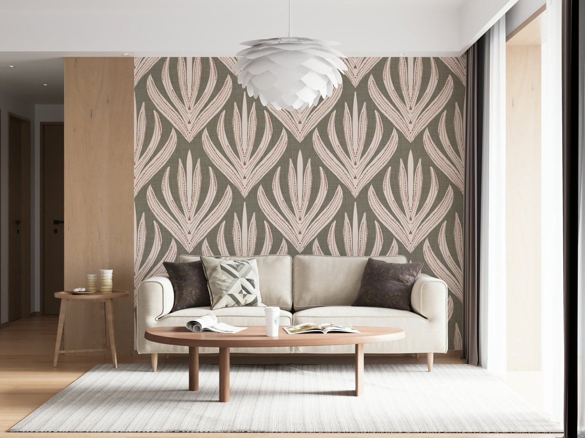 Desert Bloom Echo wallpaper mural with oversized floral silhouettes outlined in intricate dotted linework.