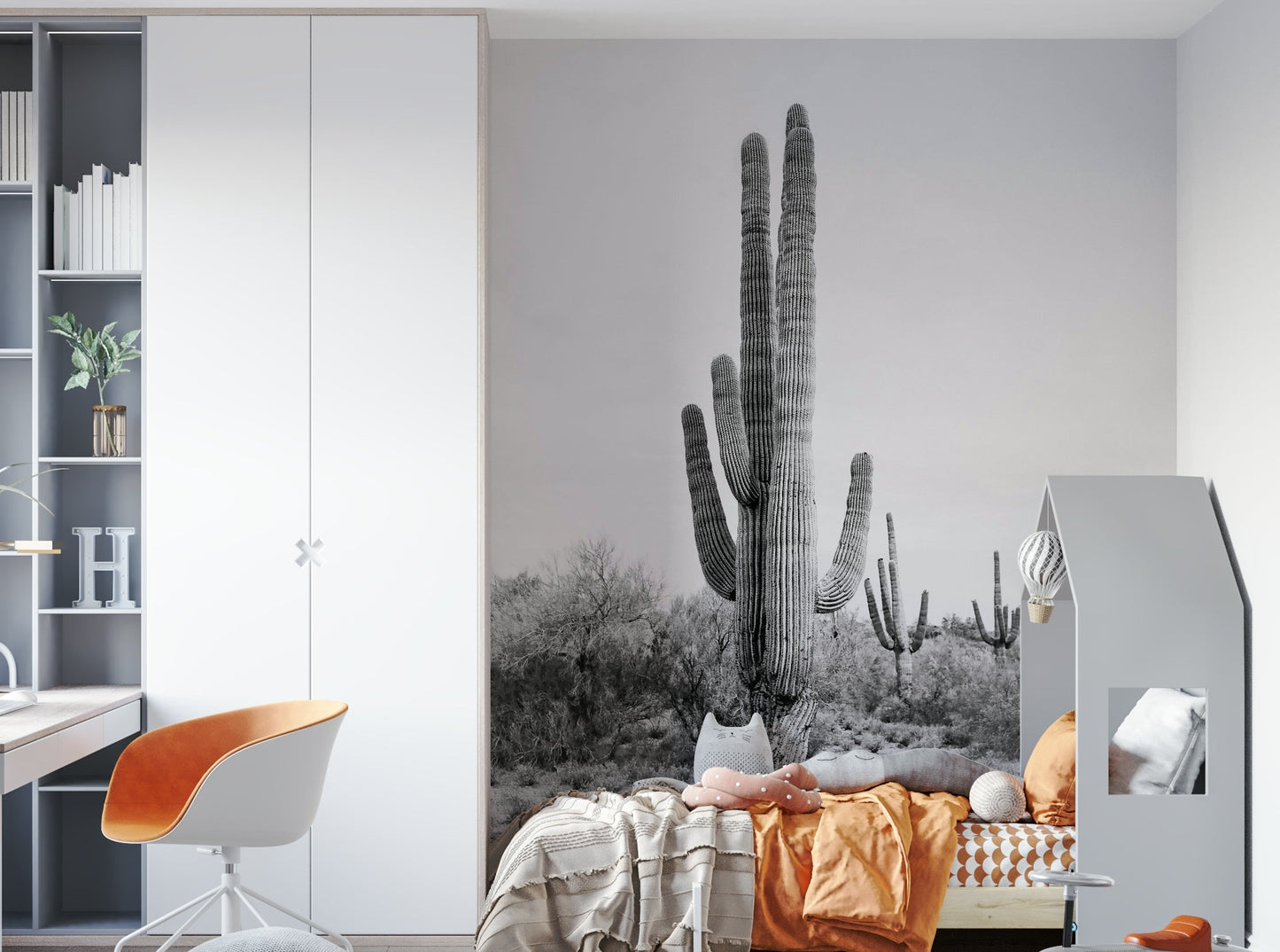 Monochrome cactus wall mural for tranquil spaces.

