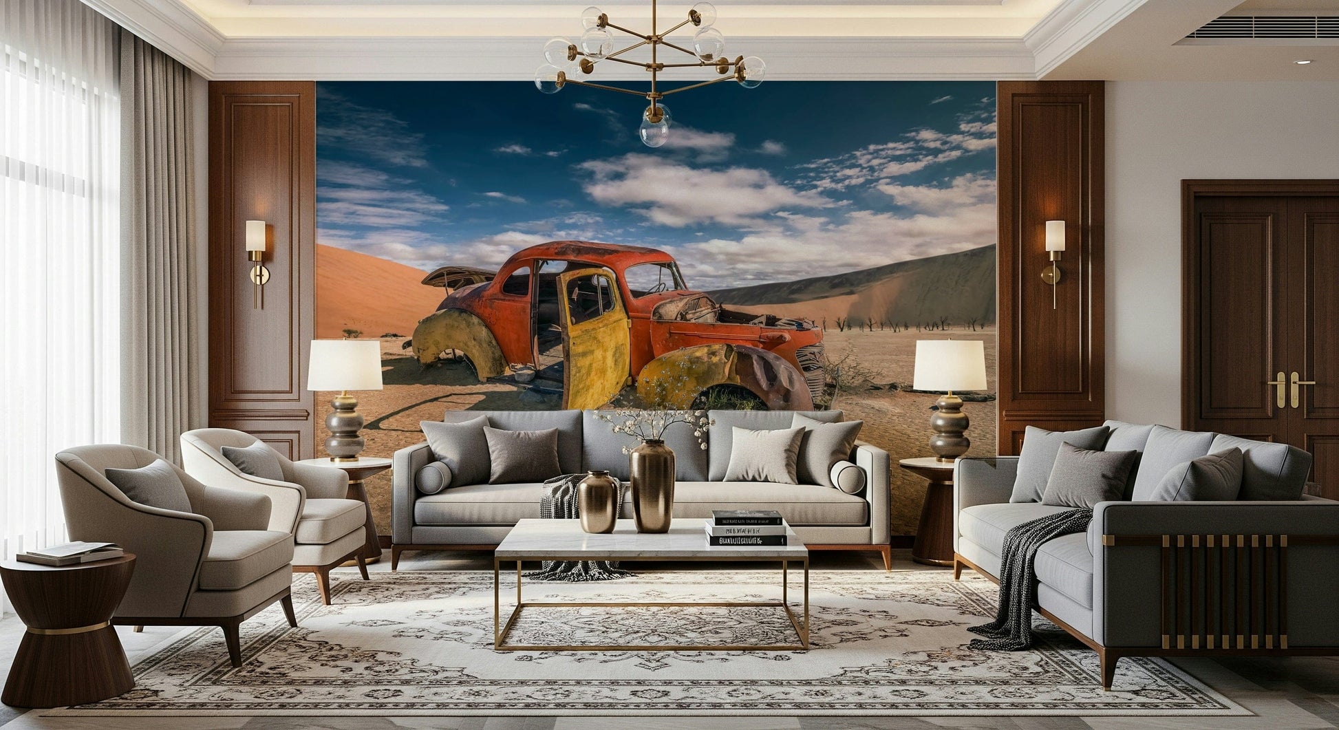 Vintage Wheels: Desert Story Wall Mural – Scenic desert mural featuring classic bicycles against golden sands and warm sunset tones.