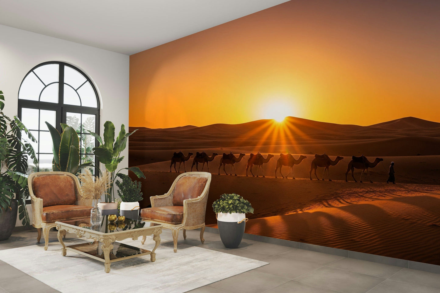 View of sand dunes and a caravan

