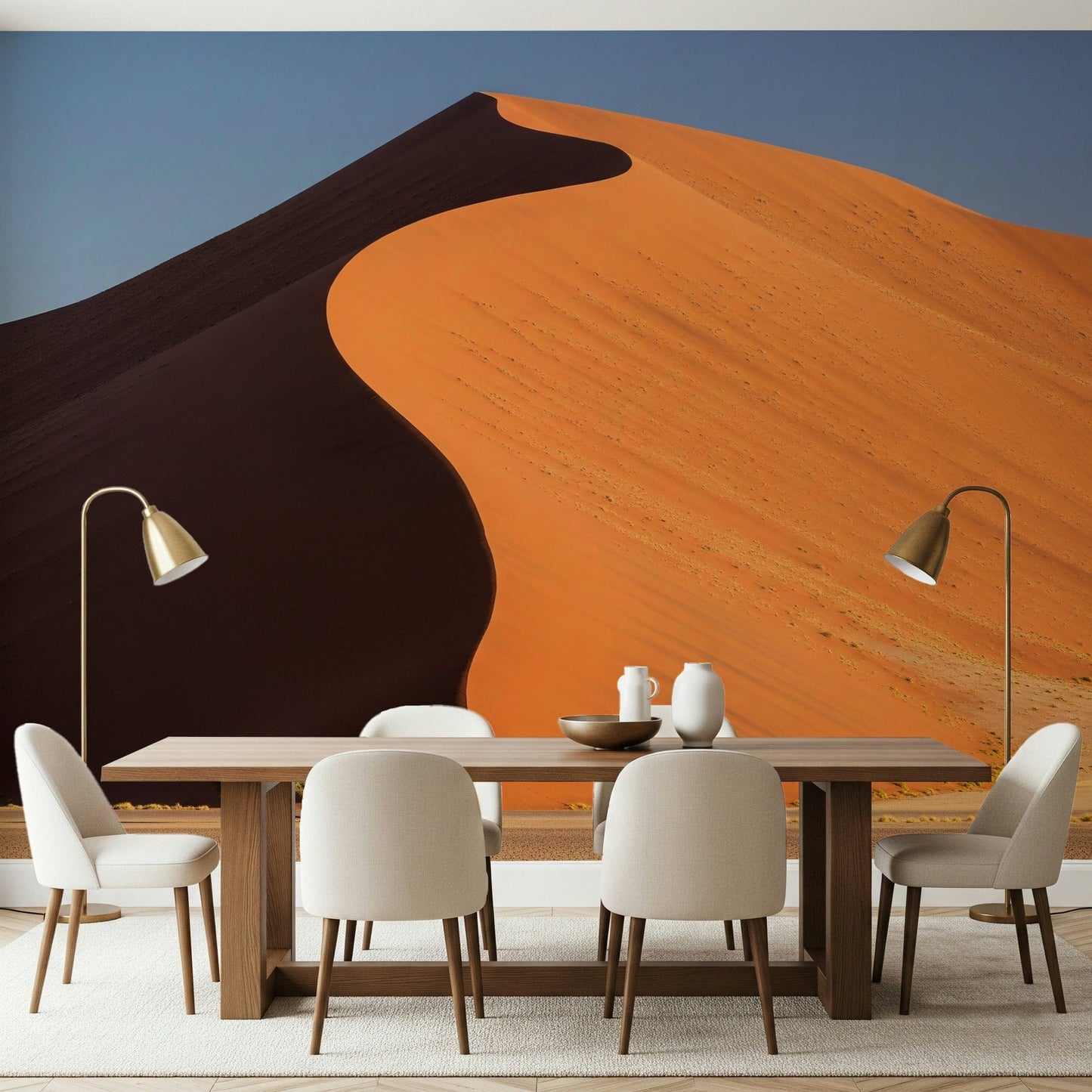 Desert Serenity Wall Mural in hallway, subtle dune texture, warm neutral home styling