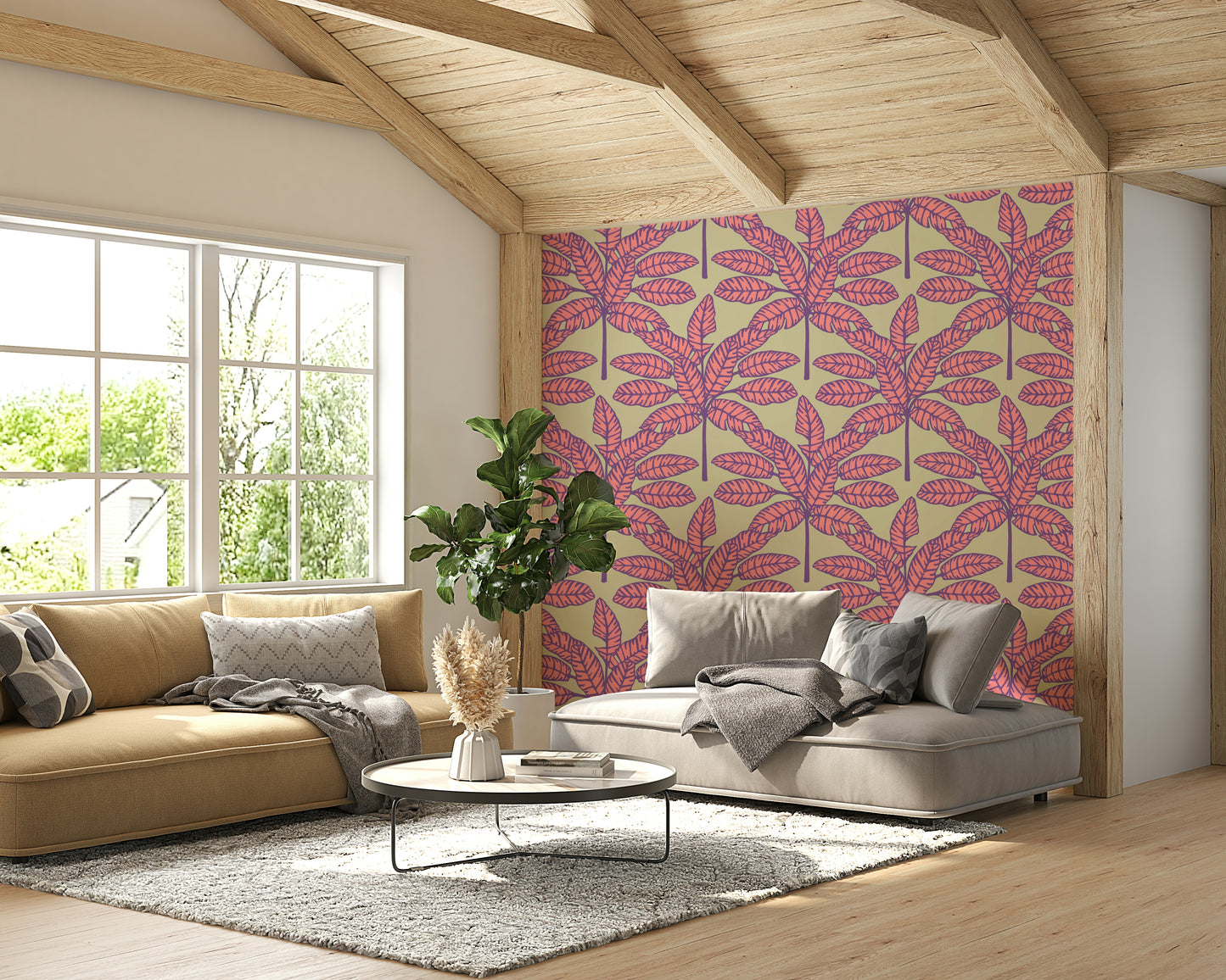Lively and colorful tropical design with pink, purple, and green foliage.

