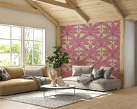Lively and colorful tropical design with pink, purple, and green foliage.

