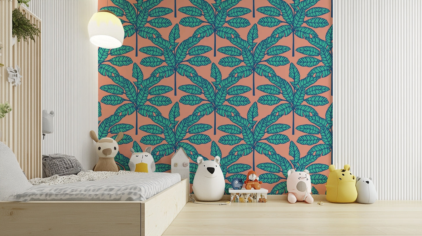 Tropical wallpaper featuring desert leaves in aqua blue and clay pink.

