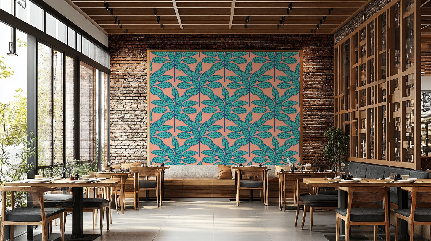 Aqua blue and clay pink tropical leaf design for vibrant, nature-inspired spaces.

