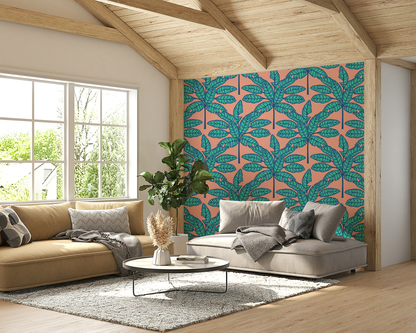 Tropical desert leaves wallpaper in calming aqua blue and soft clay pink.

