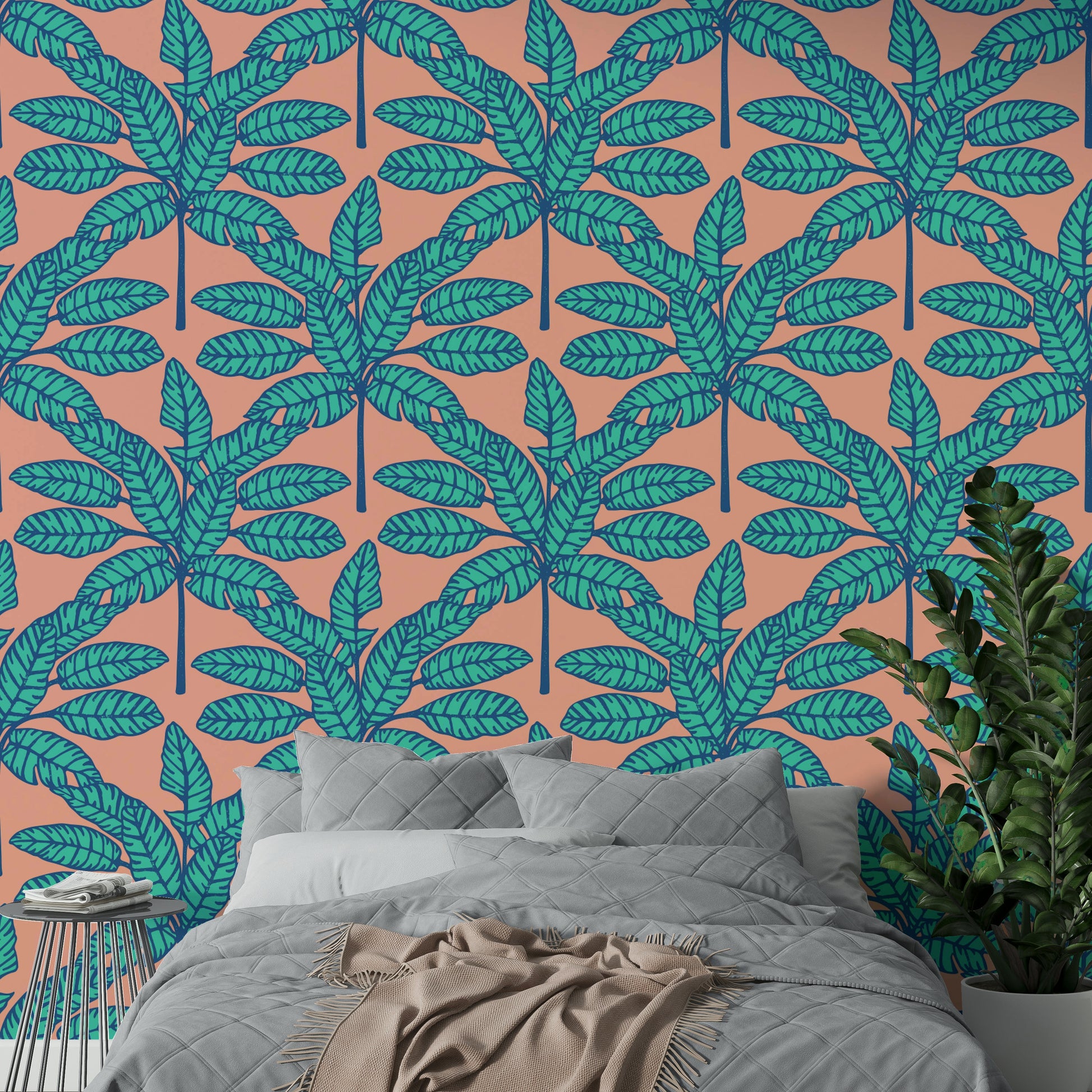 Desert Leaves Oasis Retro Mid Century Tropical Aqua Blue Clay Pink Wallpaper with vibrant tropical foliage.

