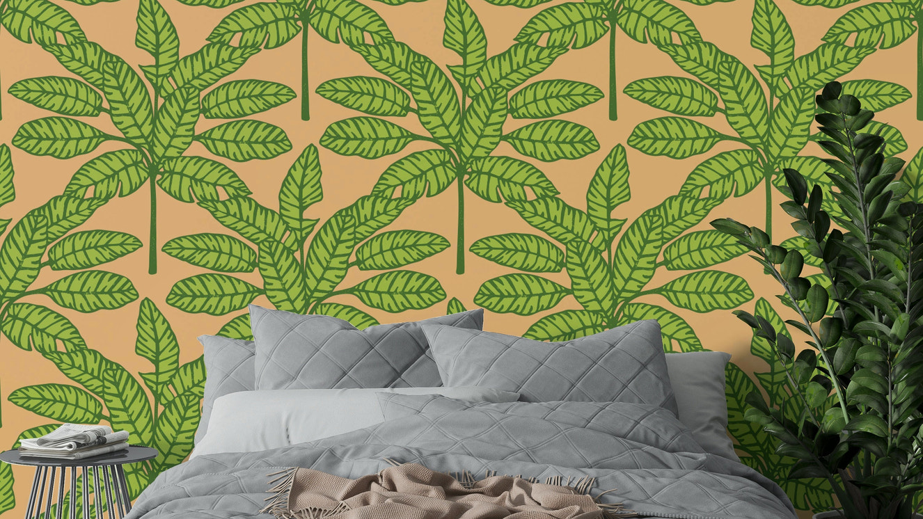 Desert Leaves Oasis Retro Mid Century Tropical Green Orange Wallpaper with vibrant leaves.

