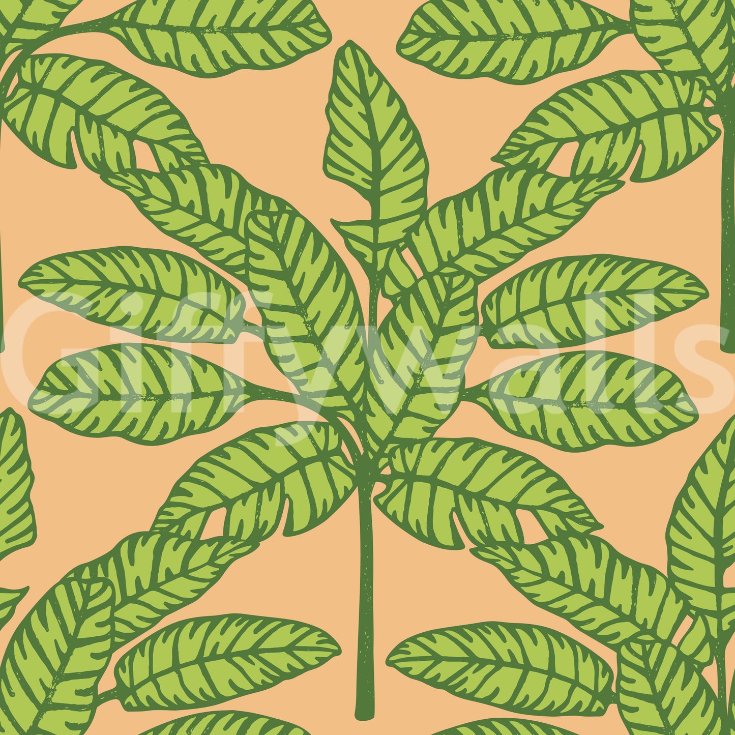 Fun, colorful tropical design with green palm fronds and orange foliage.

