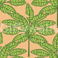 Fun, colorful tropical design with green palm fronds and orange foliage.

