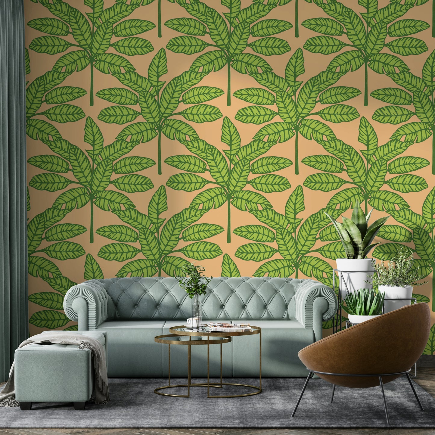 Retro tropical wallpaper with green and orange desert foliage.

