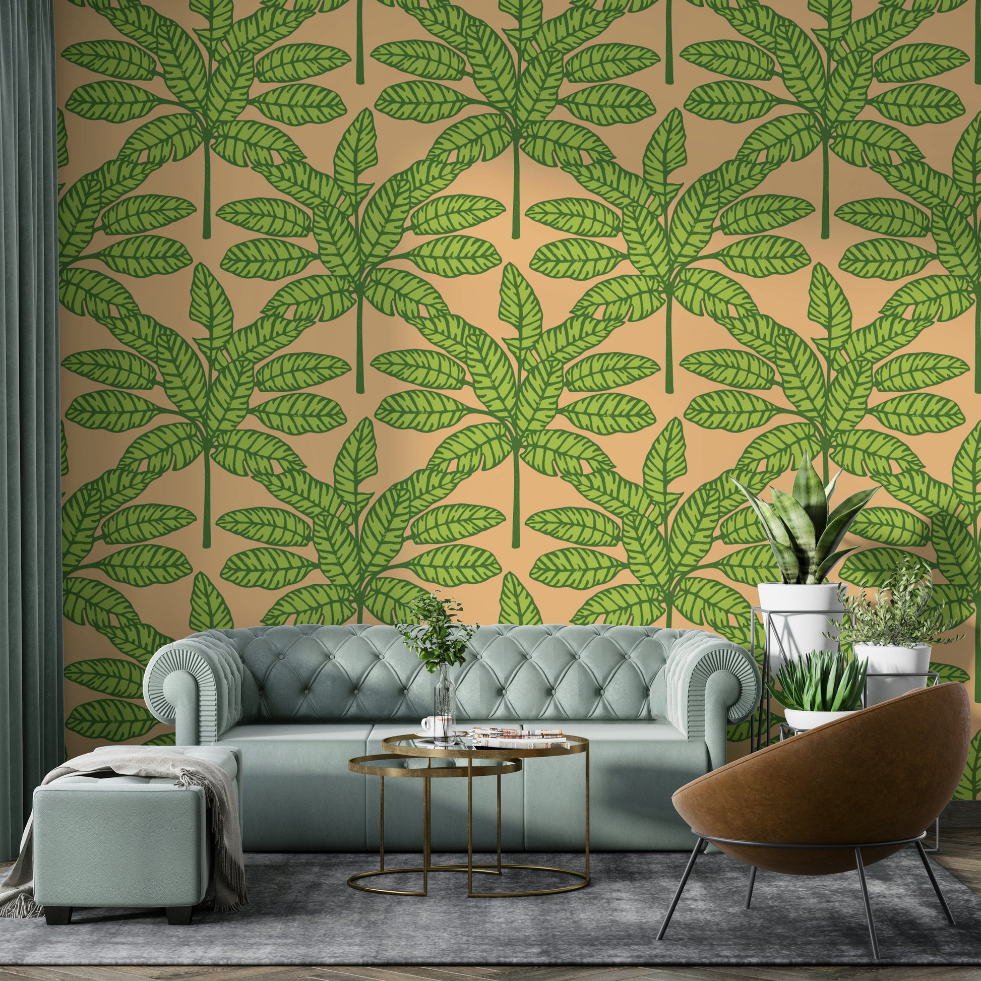 Retro tropical wallpaper with green and orange desert foliage.


