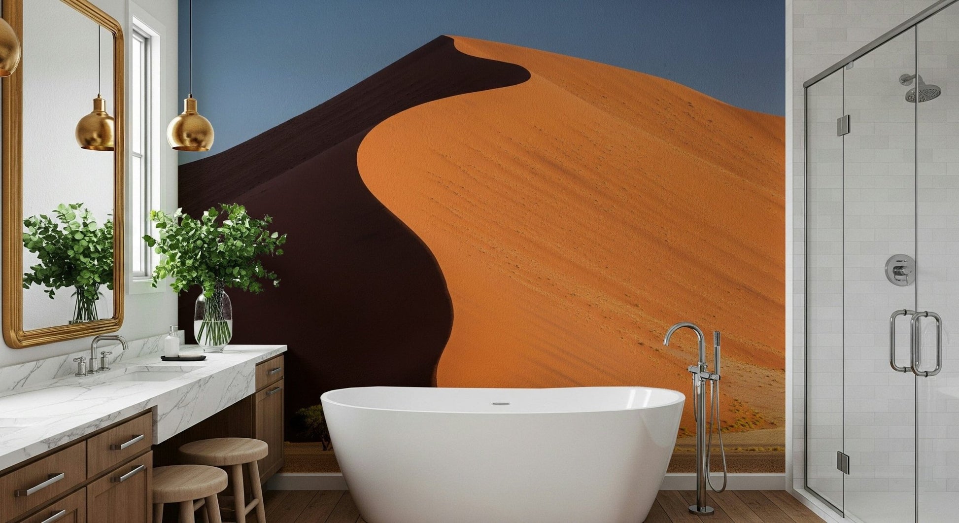 Dining area with desert mural feature wall, soft beige and taupe colours, contemporary look