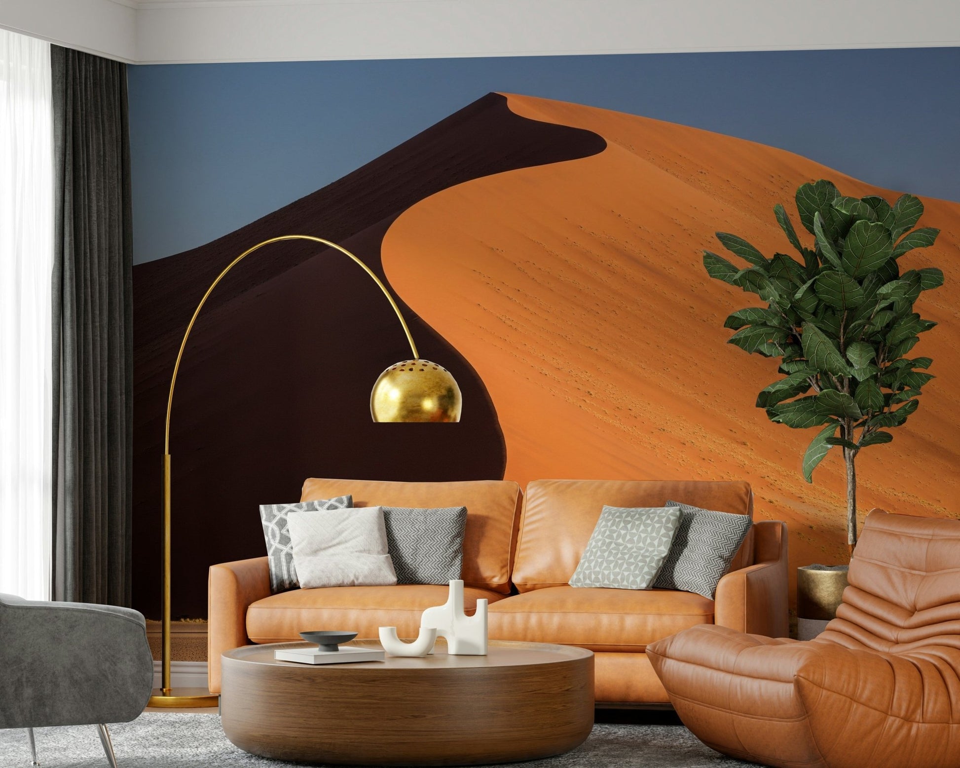 Bathroom feature wall with desert wallpaper mural, warm sand colours, spa-like modern styling