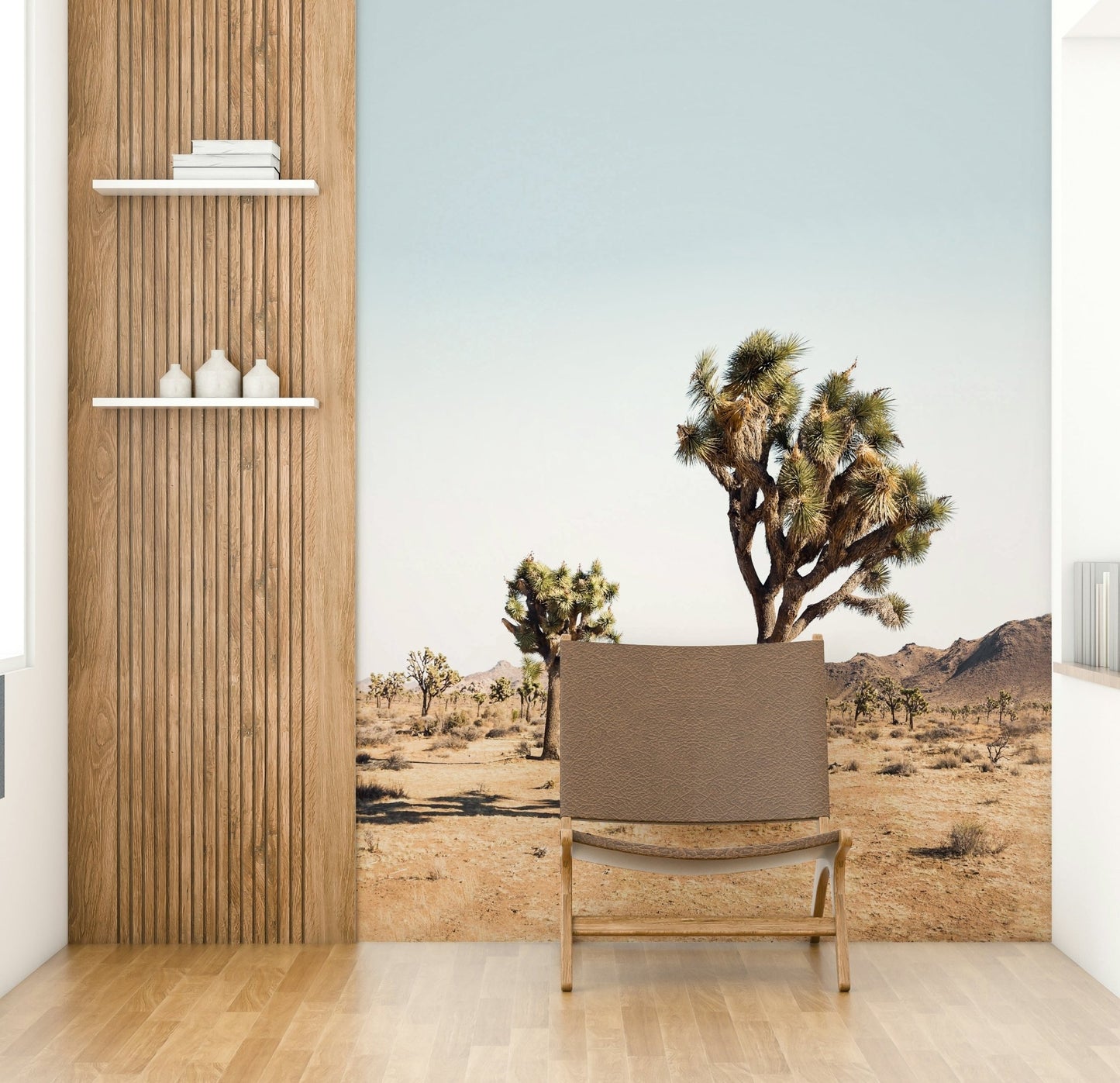 Warm, earthy tones in the desert landscape wallpaper.

