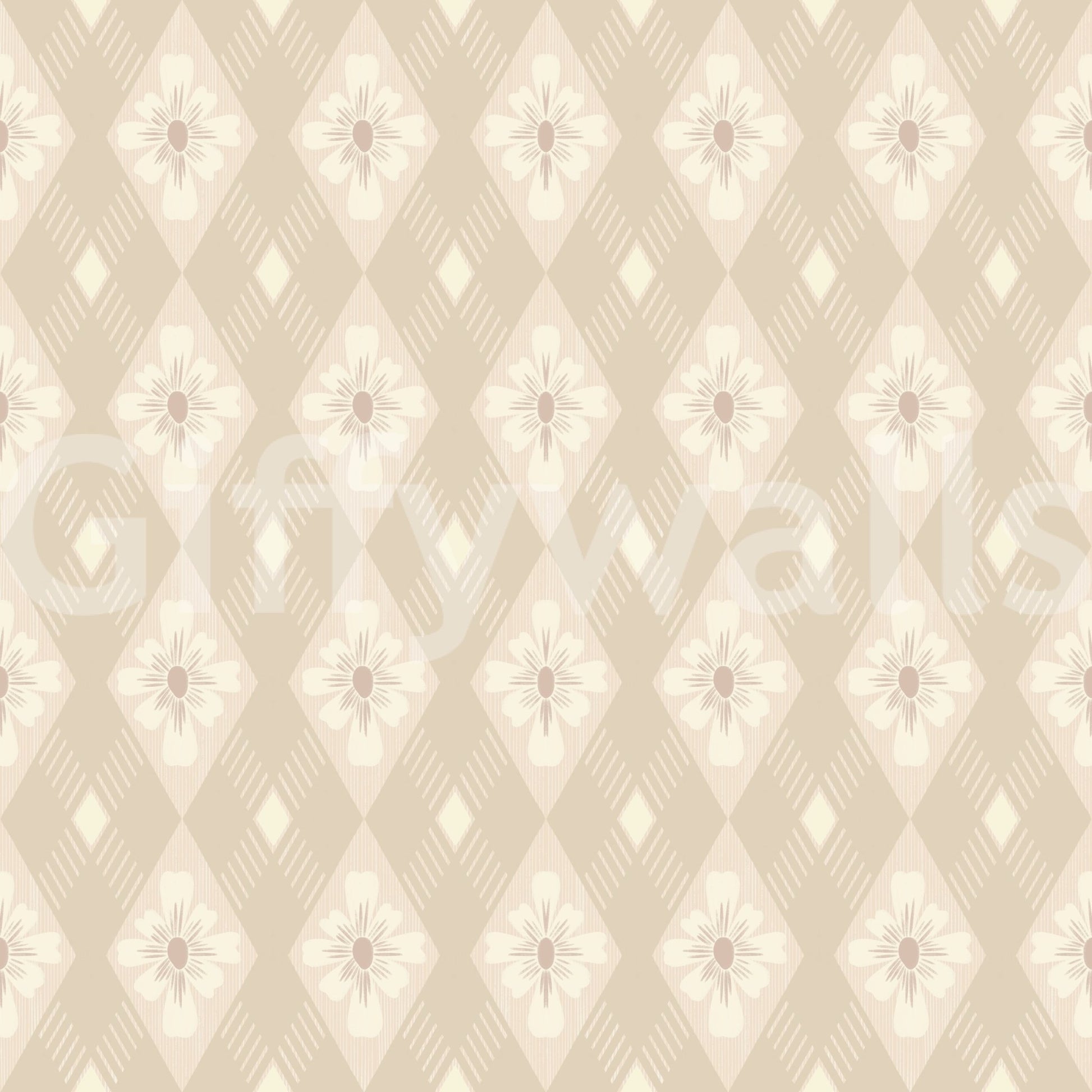 Diamond Bloom wallpaper close-up showing the beige diamond grid with cream four-petal flower blooms