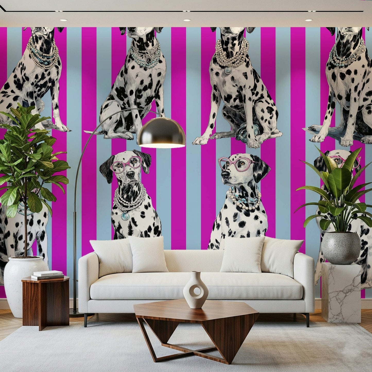 Modern geometric mural combining black and white speckled textures in a diamond pattern.