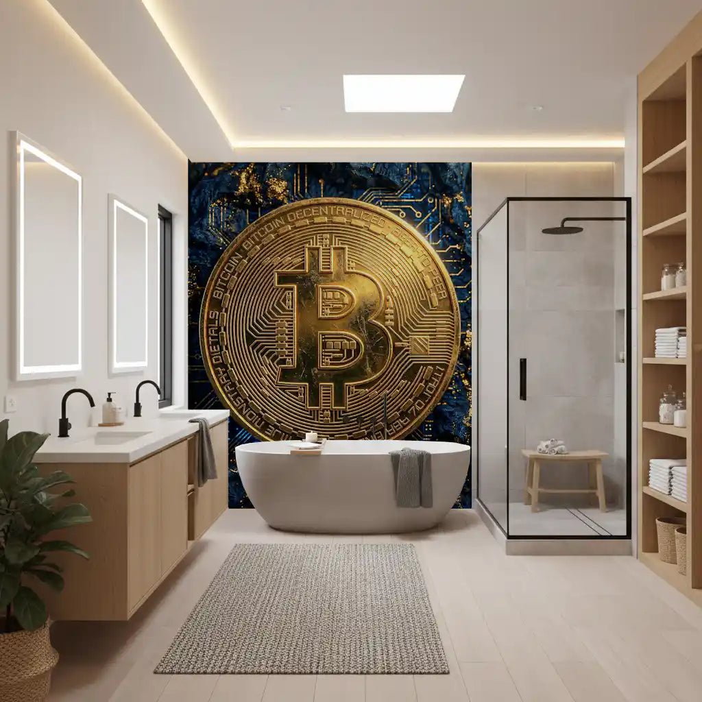 Crypto coin wall mural with gold texture and tech lines