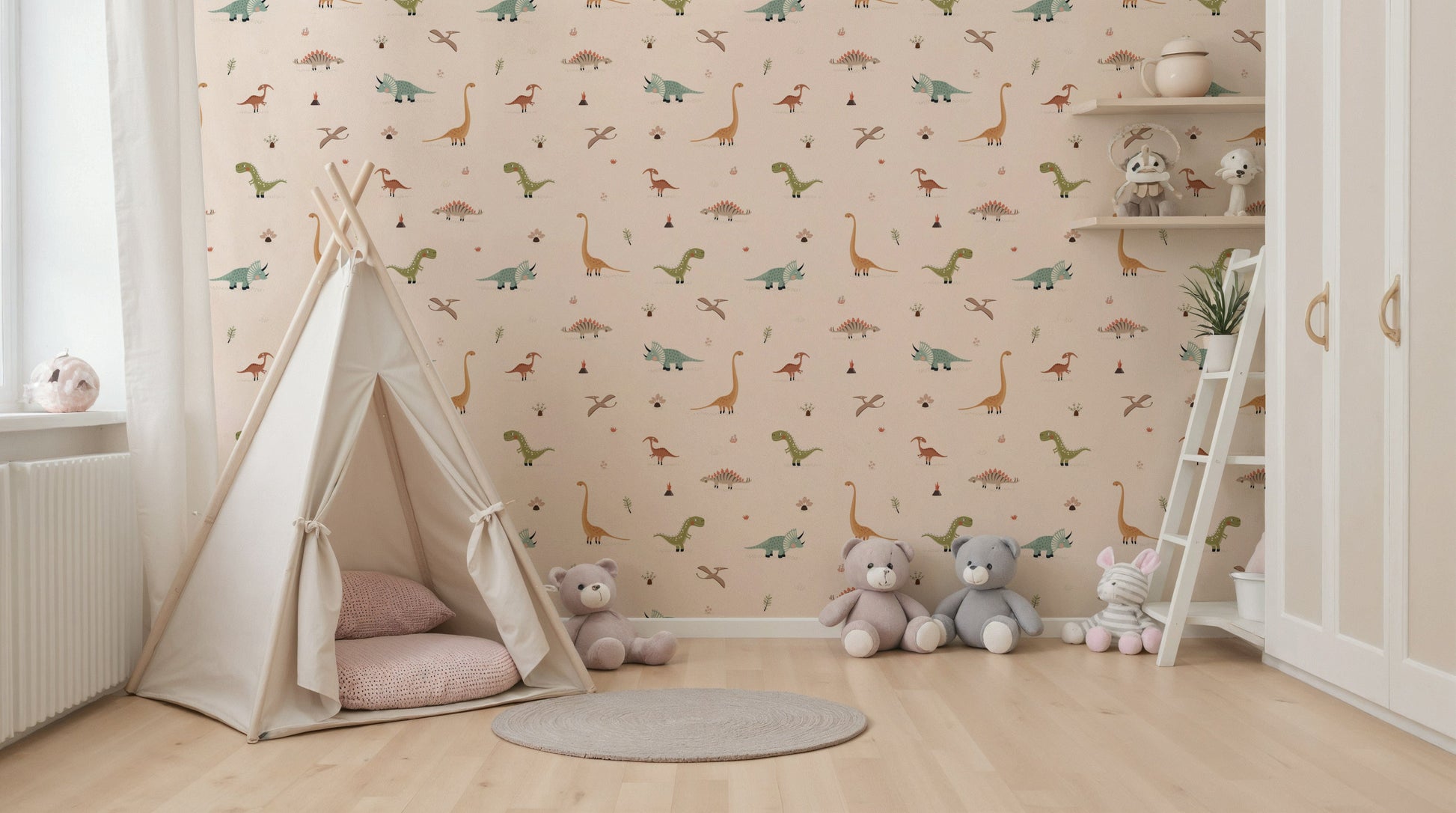 Dino Dreamland pattern featuring spiked Stegosaurus and desert plants.