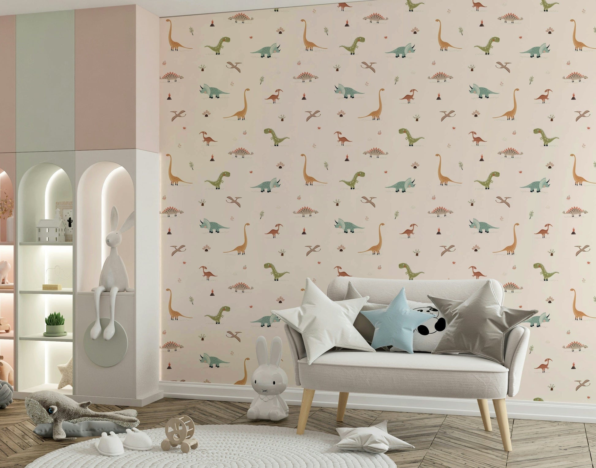 Prehistoric landscape wall mural with flying Pterodactyls and volcanos.