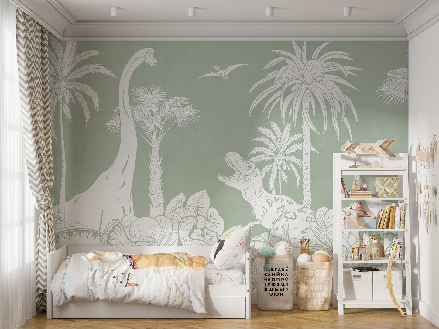 Monochrome Dino Green wallpaper mural in a kids room with a white daybed, chevron curtains and alphabet storage sacks