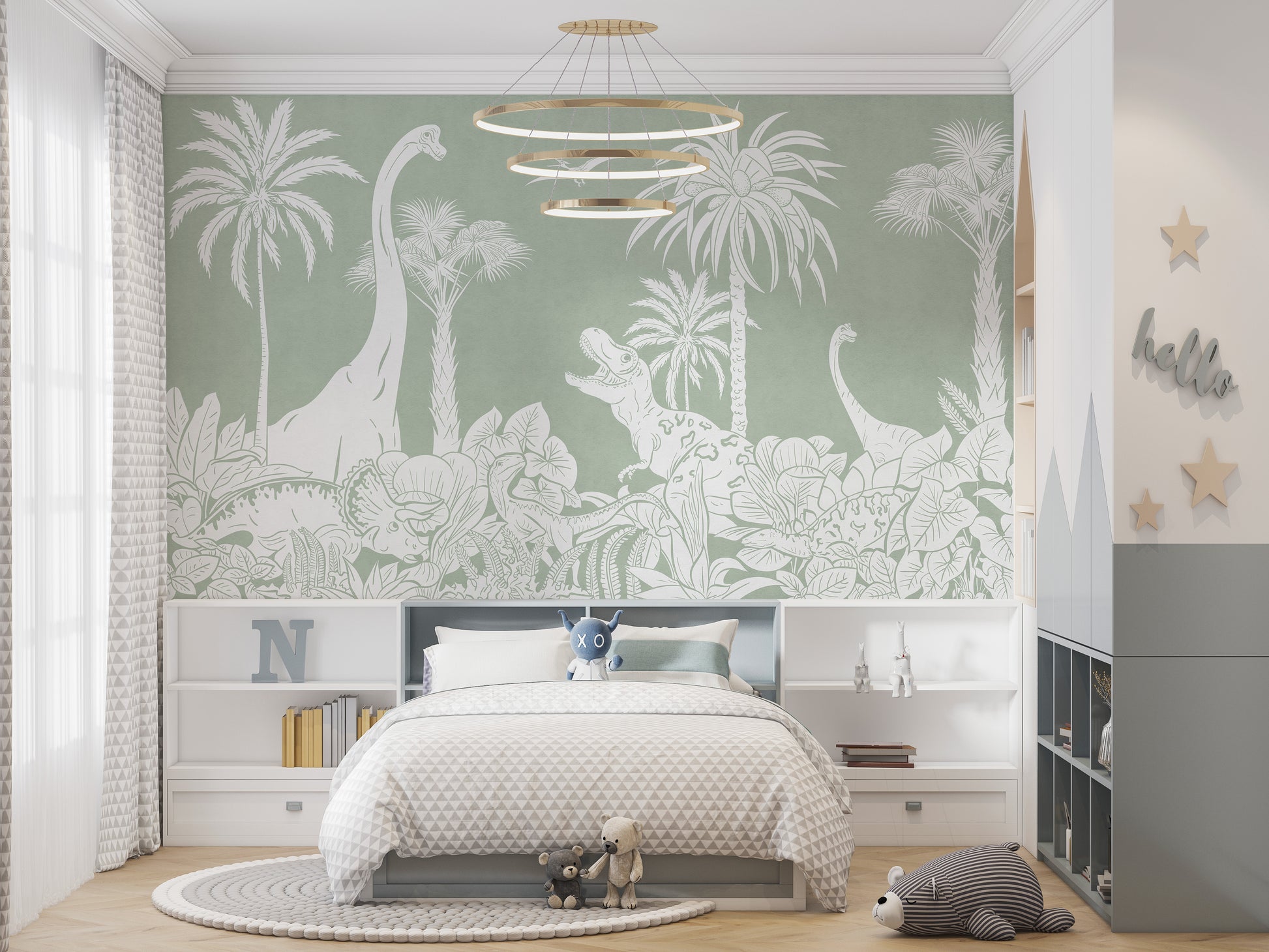 Monochrome Dino Green wallpaper mural with white dino silhouettes behind a grey kids bed under a ring chandelier