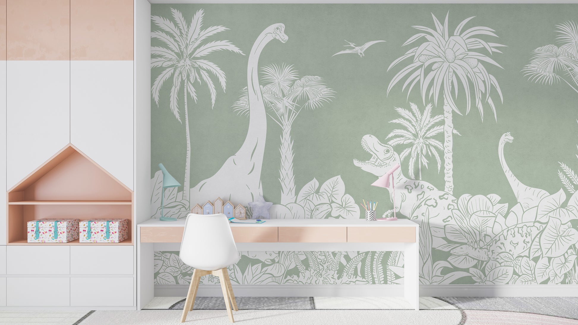 Monochrome Dino Green wallpaper mural of sage dinosaurs behind a white desk and chair in a kids study corner