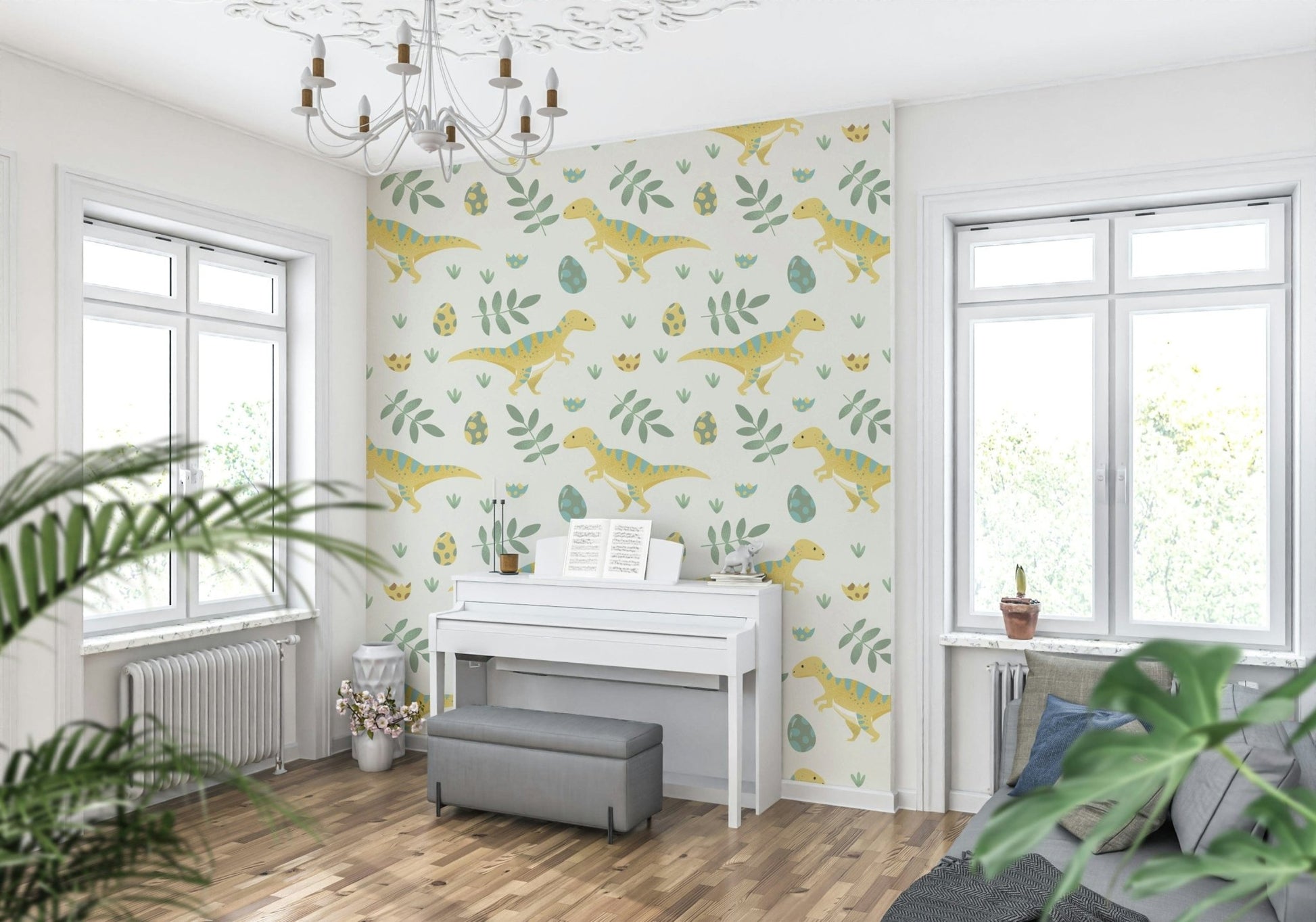 Cute baby dinosaurs illustrated in a sweet, imaginative nursery theme.