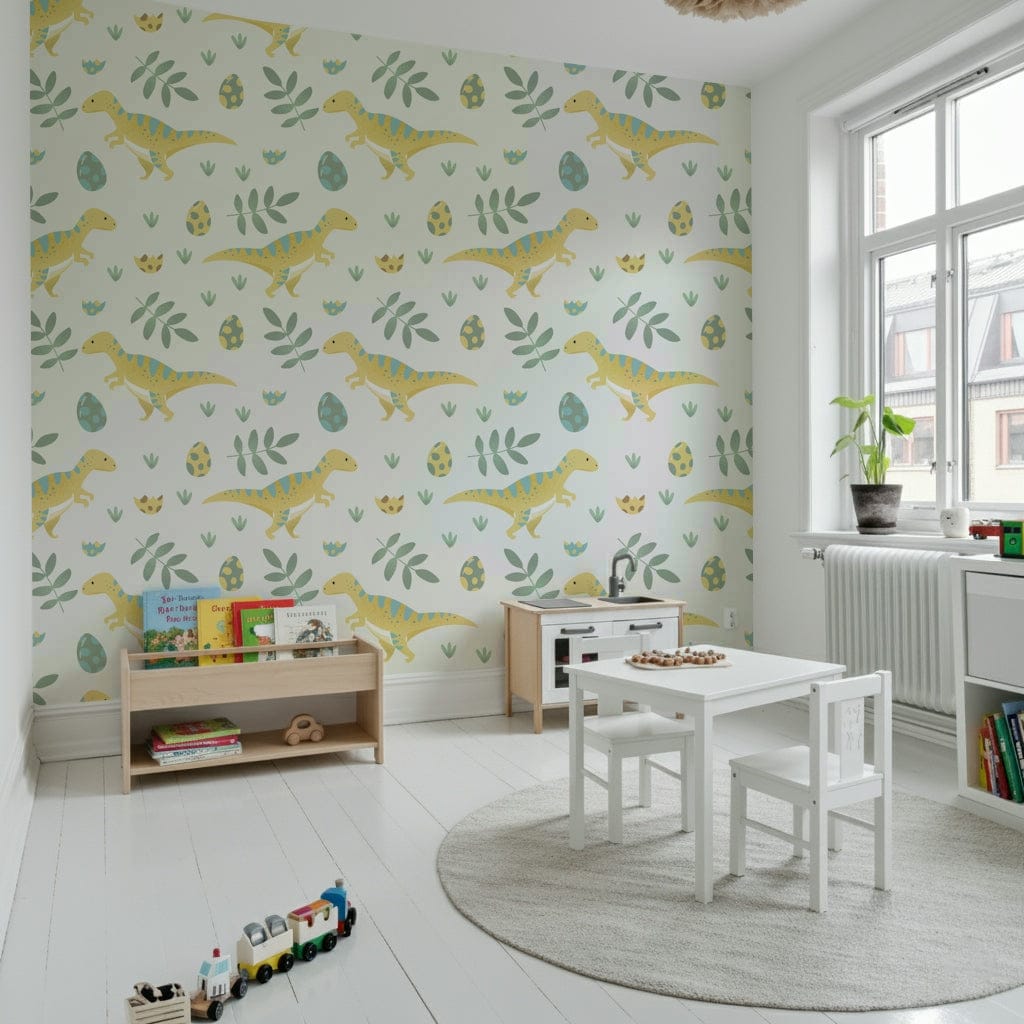 Cartoon-style dinosaur pattern with soft tones for a cozy nursery setting.