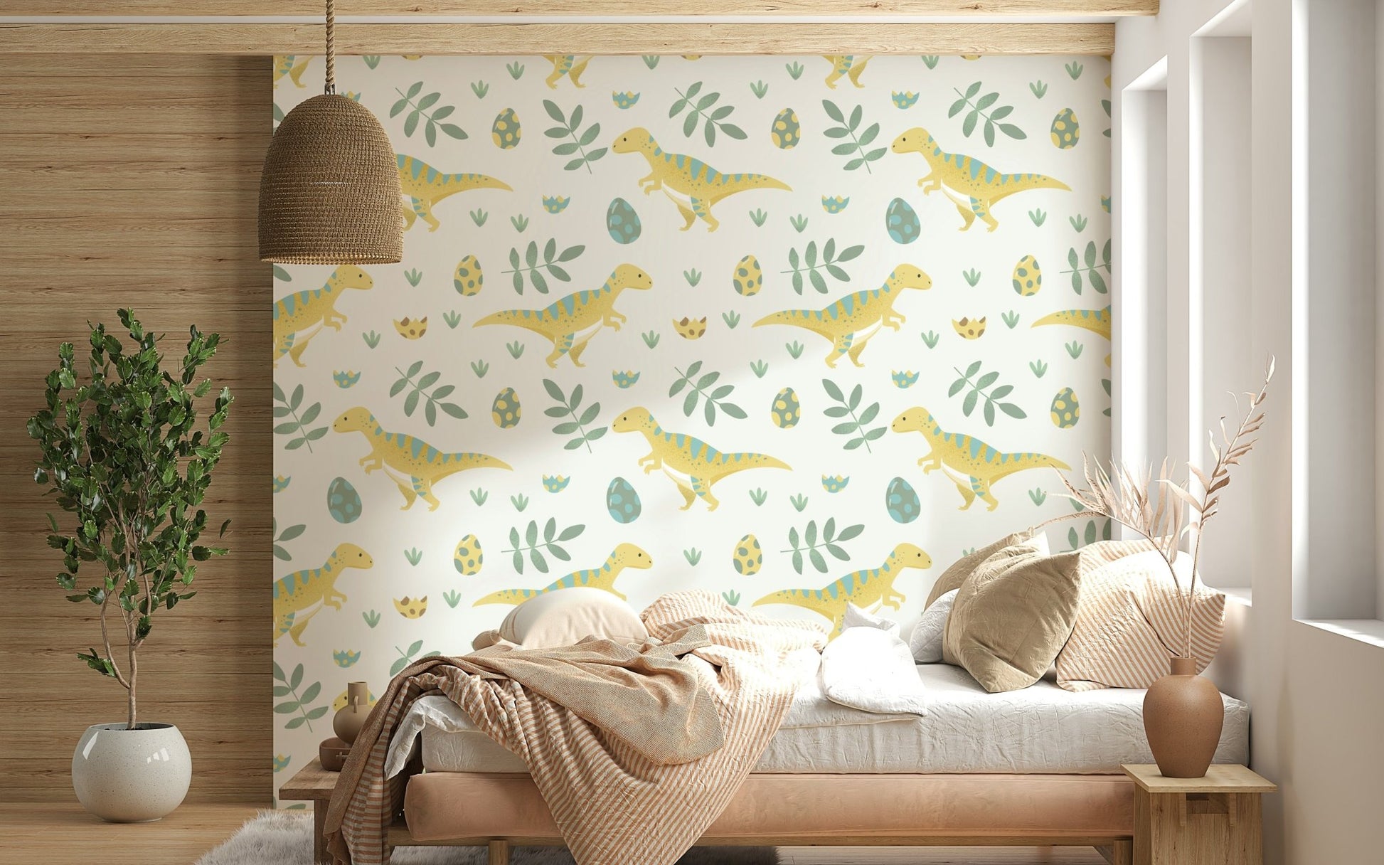 Soft, playful dinosaur motifs ideal for a comforting nursery design.
