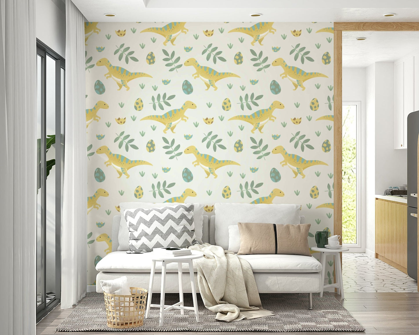 Adorable dinos in a whimsical landscape creating a fun nursery backdrop.