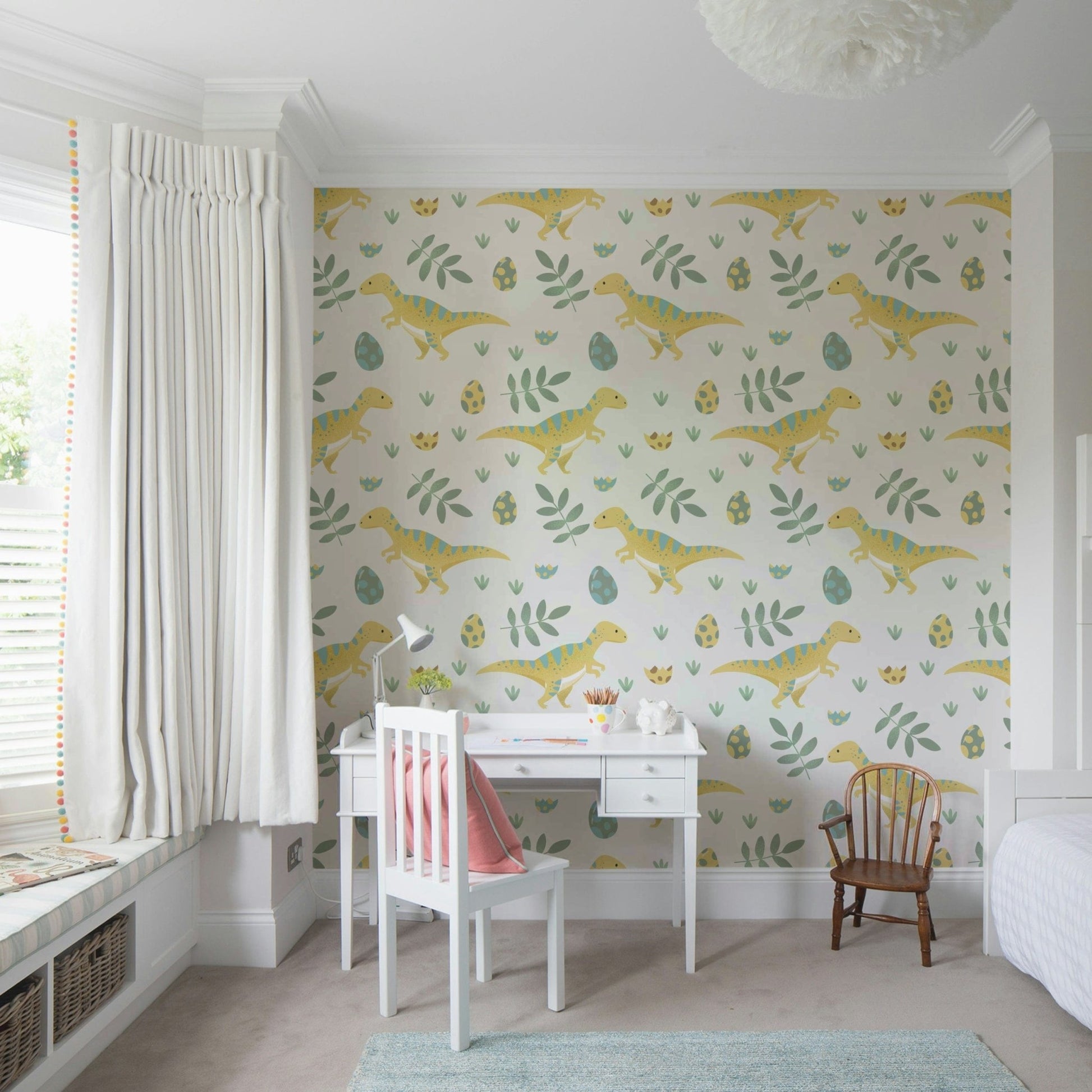 Dino nursery wallpaper featuring cute, friendly dinosaurs in soft pastel colors.
